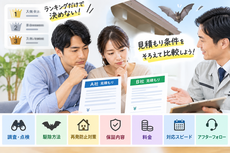 コウモリ駆除業者をランキングだけで決めず、見積もり条件をそろえて比較する夫婦