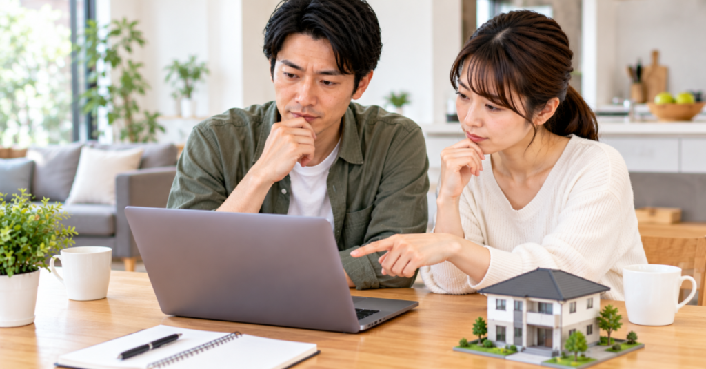 自宅の被害状況や希望条件に合うゴキブリ駆除業者を夫婦で比較検討する様子