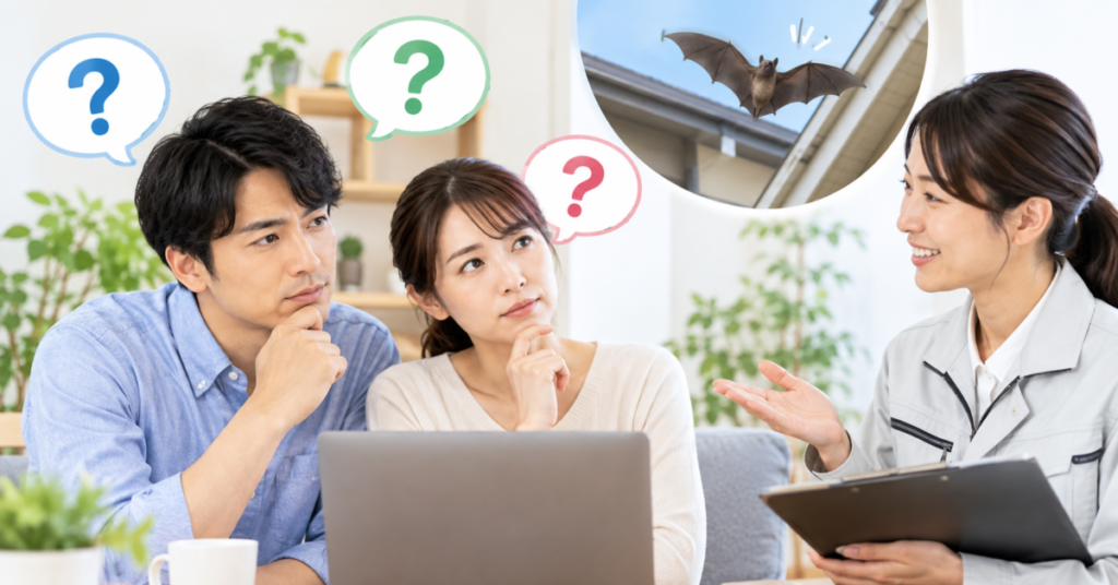 コウモリ駆除業者ランキングについて、費用や保証、再発防止などの疑問を相談する夫婦