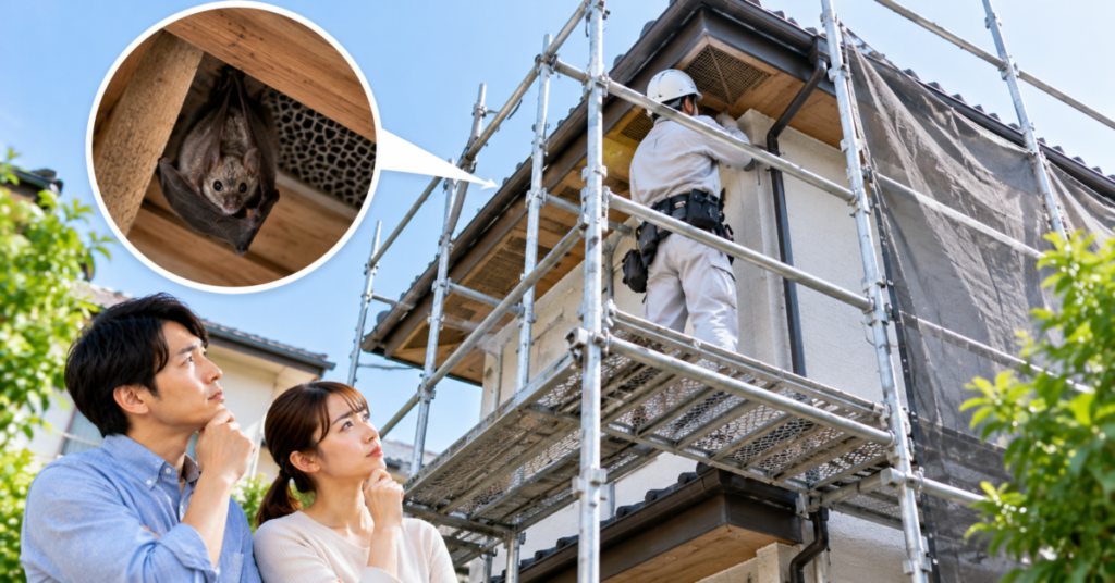 コウモリ駆除で高所作業用の足場が必要になり、施工費用が上がるケースを確認する夫婦