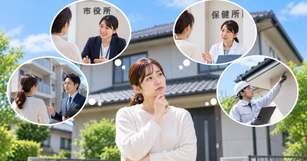 コウモリ被害の状況に応じて、市役所・管理者・専門業者への相談先を検討する住人