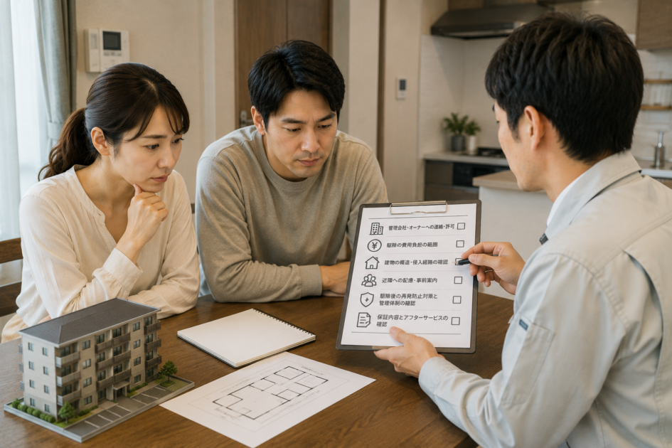 賃貸・マンションでハクビシン駆除業者を呼ぶ前に、管理会社への連絡や費用負担、施工範囲を確認する夫婦と担当者