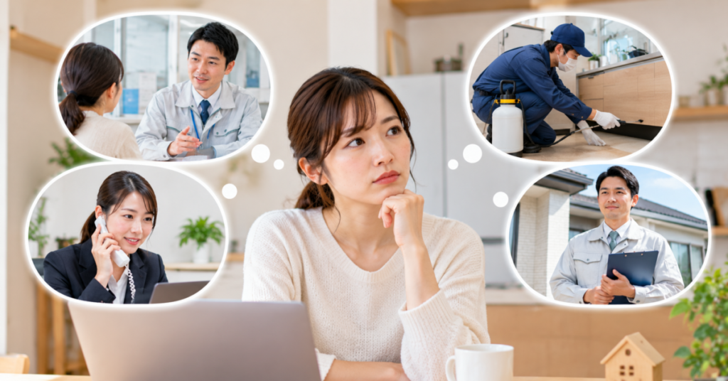 目的や被害状況に合わせて、相談先となるゴキブリ駆除業者を比較検討する女性