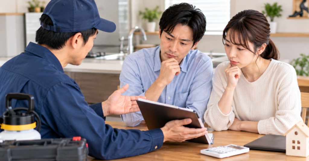 ゴキブリ駆除の見積もりや契約内容を専門業者と確認する夫婦
