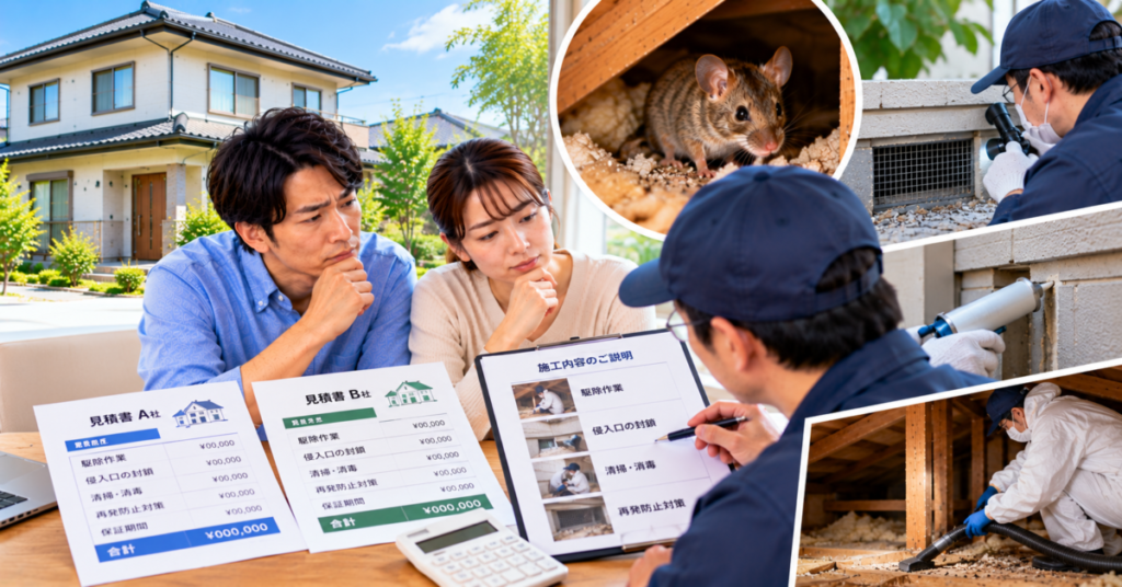 一軒家のネズミ駆除で、料金相場と駆除・封鎖・清掃などの施工内容を確認する夫婦