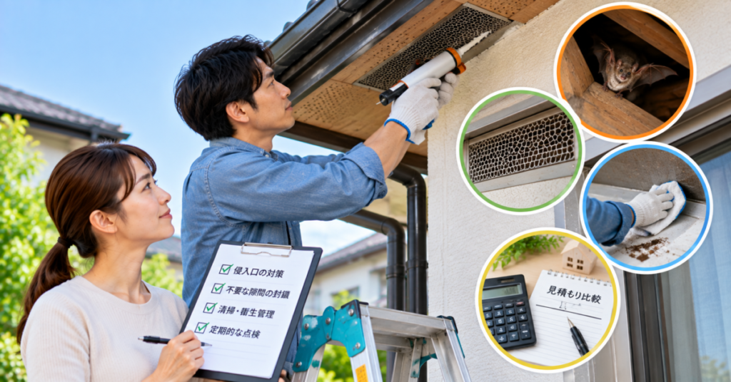 コウモリ駆除の費用を抑えるため、侵入口対策や清掃、相見積もりなどを確認する夫婦