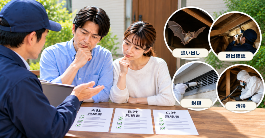 コウモリ駆除の見積もりで、追い出し・退出確認・侵入口の封鎖・清掃まで施工内容を比較する夫婦