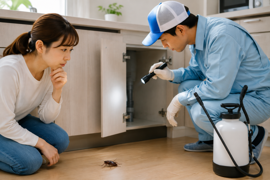 ゴキブリ駆除業者を比較するためキッチンを点検する作業員と依頼者