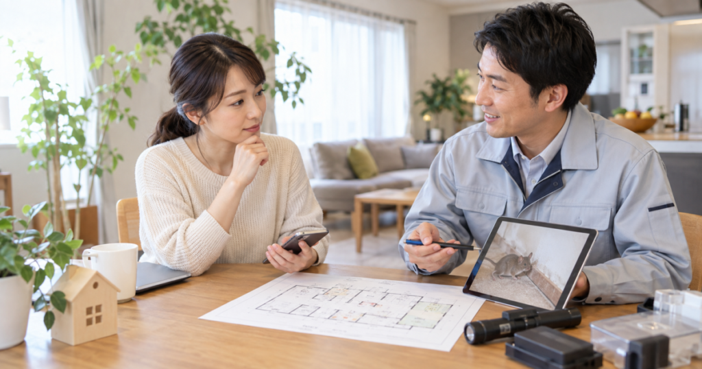 さいたま市のネズミ駆除について、費用や相談先、対応方法などの疑問を専門業者に確認する女性