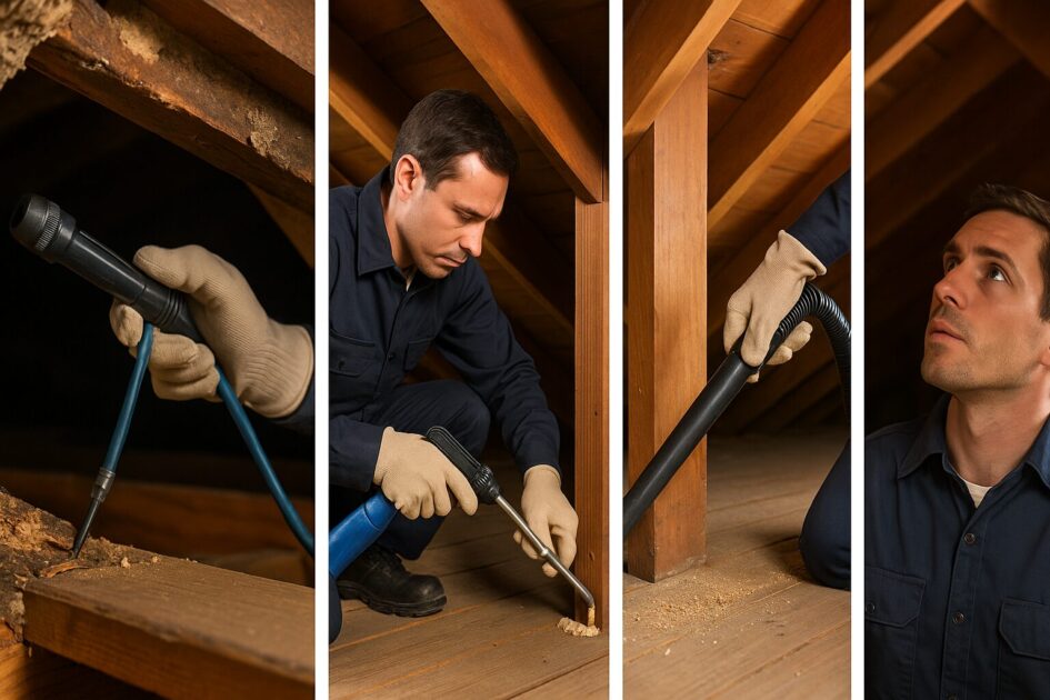 シロアリ駆除作業フロー｜調査→処置→封じ込め→清掃→再点検