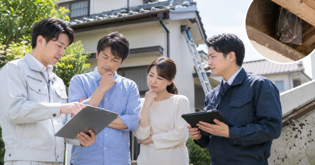 コウモリ駆除業者2社の点検内容や対応を比較しながら、依頼先を検討する夫婦