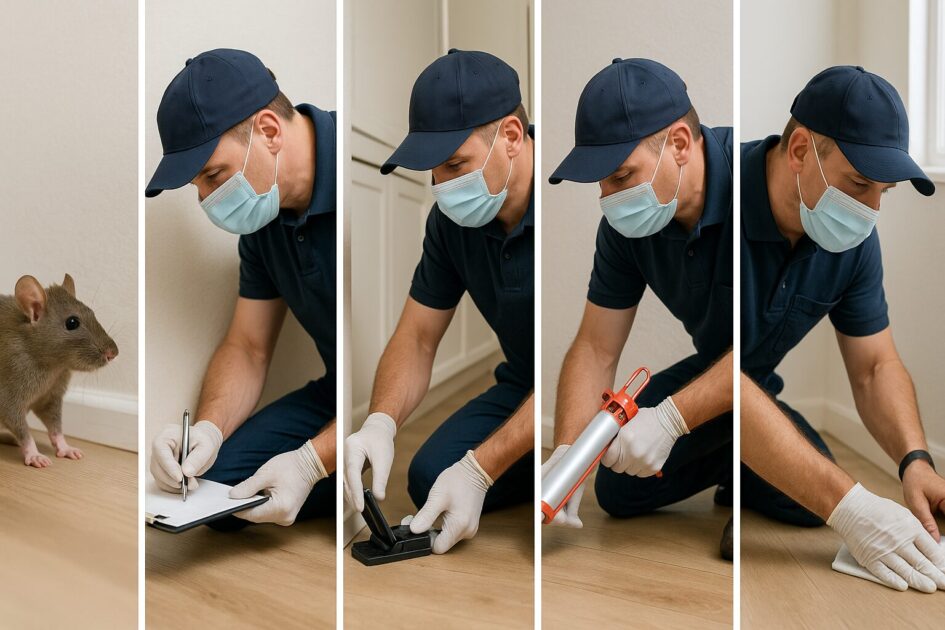 ネズミ駆除作業フロー：調査→駆除→侵入口の封鎖→清掃→再点検