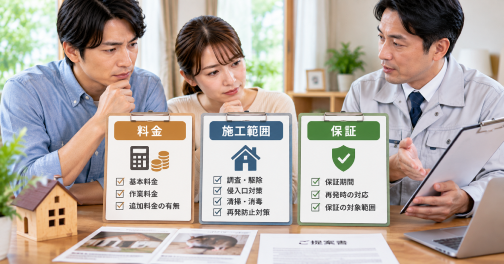 ネズミ駆除業者を選ぶため、料金・施工範囲・保証内容をそろえて比較する夫婦