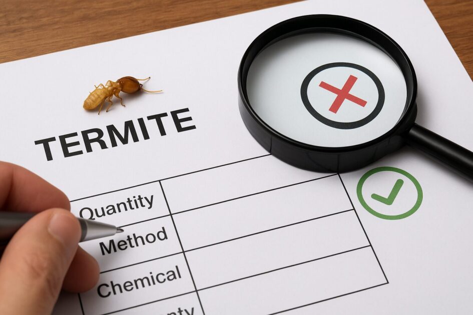 シロアリ駆除見積書の読み方：数量・工法・薬剤・保証（合格サイン／赤旗）
