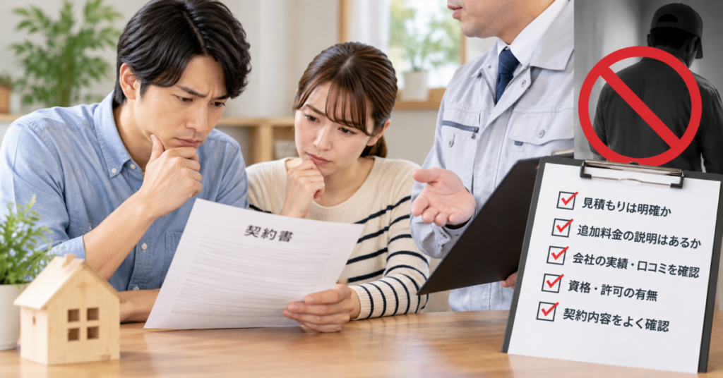 悪質なネズミ駆除業者を避けるため、見積もりや追加料金など契約前の確認項目をチェックする夫婦