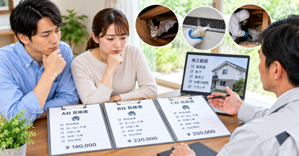コウモリ駆除の相見積もり|料金だけでなく施工範囲を比較する