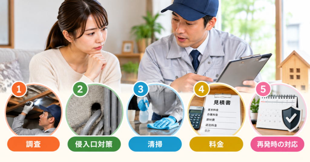 ネズミ駆除業者を選ぶ際に、調査・侵入口対策・清掃・料金・再発時の対応を比較する5つのポイント