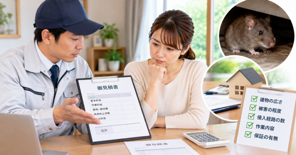 ネズミ駆除業者の料金について、見積もりが被害状況や施工内容で変わる理由を確認する女性
