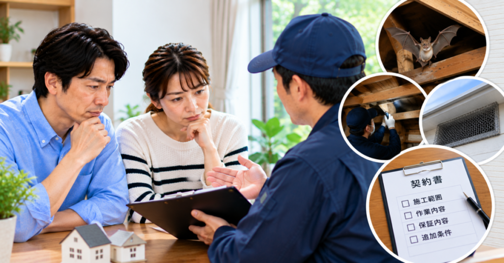 コウモリ駆除業者を選ぶため、施工範囲や保証内容などの契約条件を業者と確認する夫婦