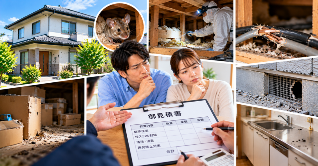 一軒家のネズミ被害の状況や施工範囲によって、駆除の見積もりが変わるケースを確認する夫婦