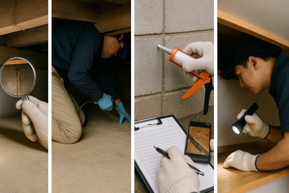 シロアリ駆除業者施工フロー：調査→防除→復旧→報告→保証点検
