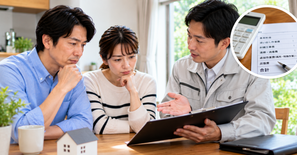 コウモリ駆除の料金について、見積もりの内訳や追加費用が発生する条件を業者に確認する夫婦