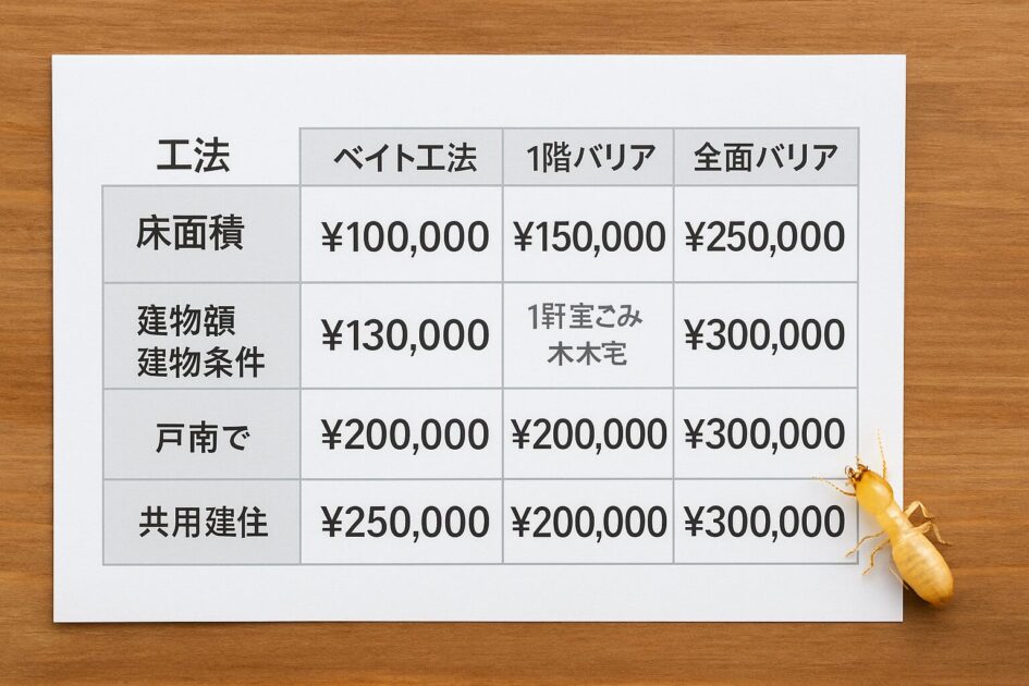 シロアリ駆除費用相場の目安（工法×坪数×建物条件）