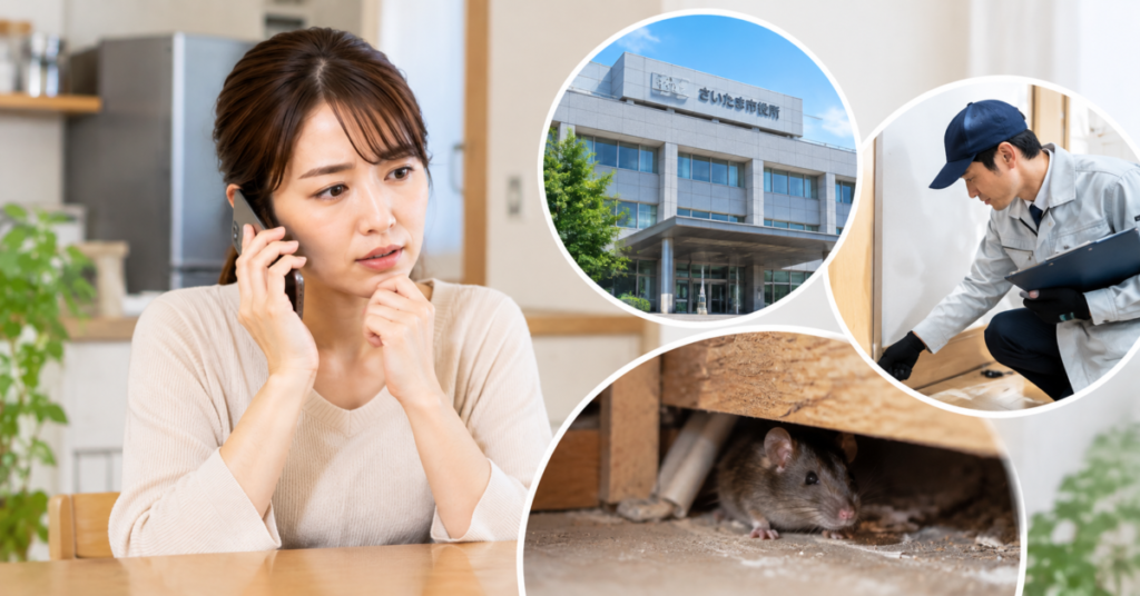 さいたま市でネズミ被害が出た際に、市役所・保健所・駆除業者への相談先を確認する女性