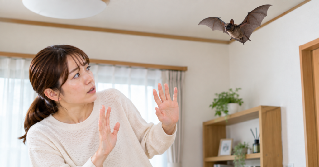 室内のコウモリに触れず距離を取り、安全を確保して対応を確認する住人