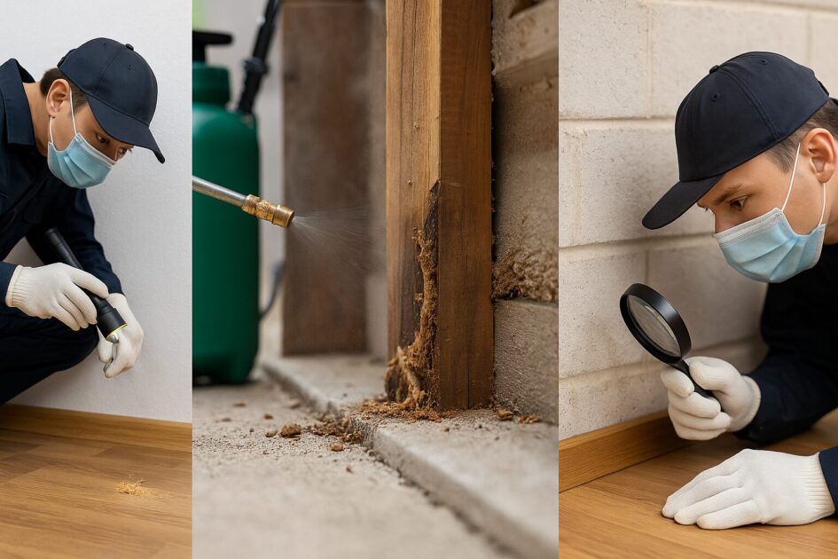 シロアリ駆除作業フロー（調査→処置/注入→封じ込め→清掃→再点検）