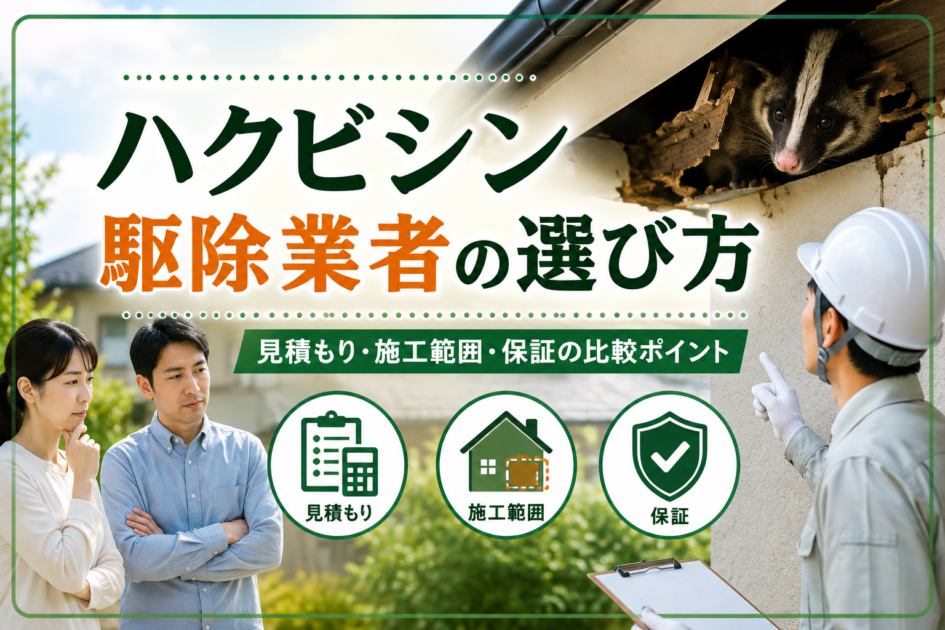 ハクビシン駆除業者の選び方として、見積もり・施工範囲・保証の比較ポイントを紹介するアイキャッチ画像