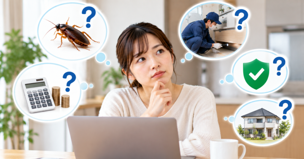 ゴキブリ駆除業者の料金や対応内容、保証などの疑問を確認する女性