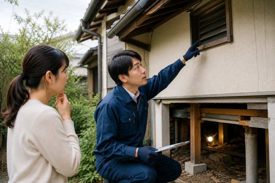 害獣駆除の見積もりが高くなる住宅条件や施工範囲を現地で確認する作業員と女性