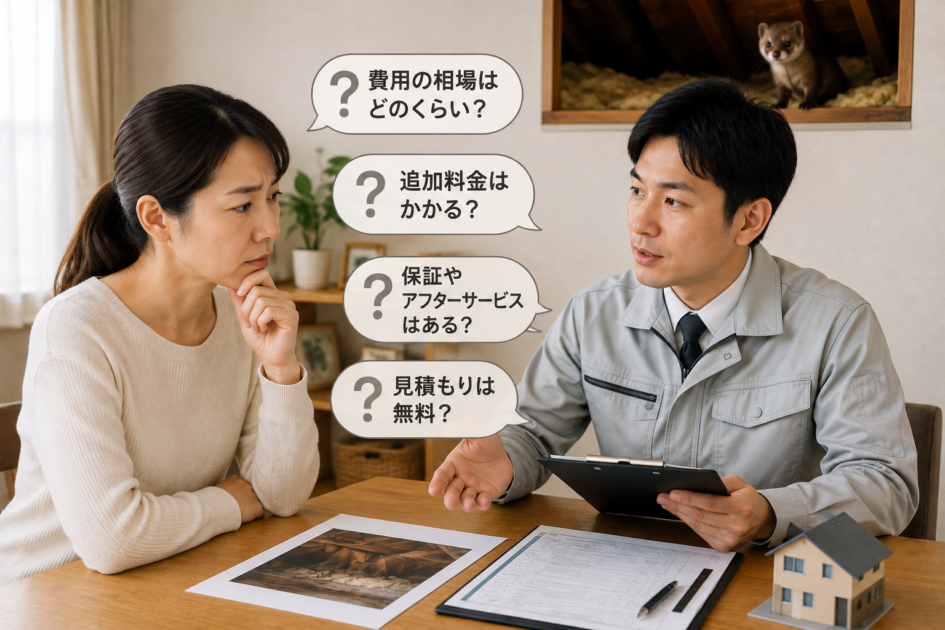 イタチ駆除の費用や追加料金、保証などの疑問について業者へ相談する女性