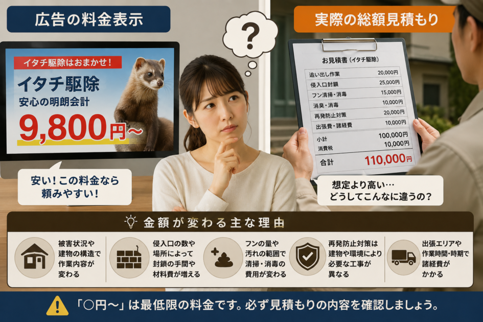 イタチ駆除の広告料金と現地調査後の総額に差が出る理由を確認する女性