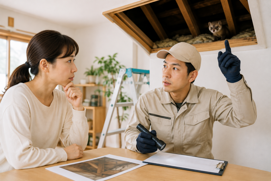 イタチ被害が続く住宅で、専門業者に現地状況や駆除の必要性を相談する女性