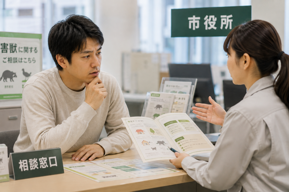 イタチ被害について市役所の相談窓口で自治体の対応や支援について確認する男性