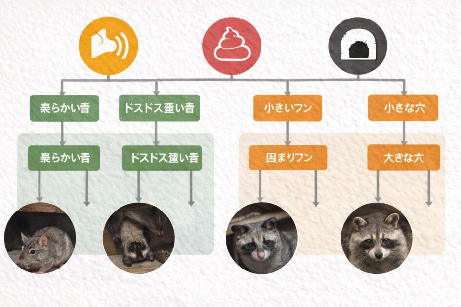 屋根裏の動物が特定できないときの判定チャート｜「音・フン・入口」で8割当てる