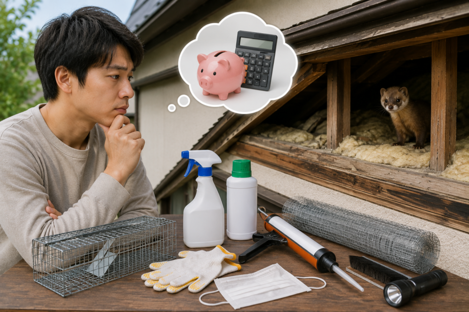 イタチ駆除を自分で行う場合の道具や費用を検討する男性
