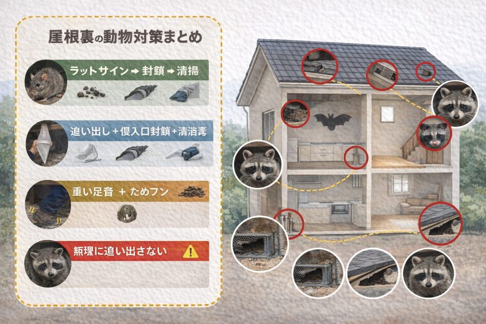 屋根裏の動物対策まとめ｜「動物別のコツ」＋「侵入口マップ」で再発を止める