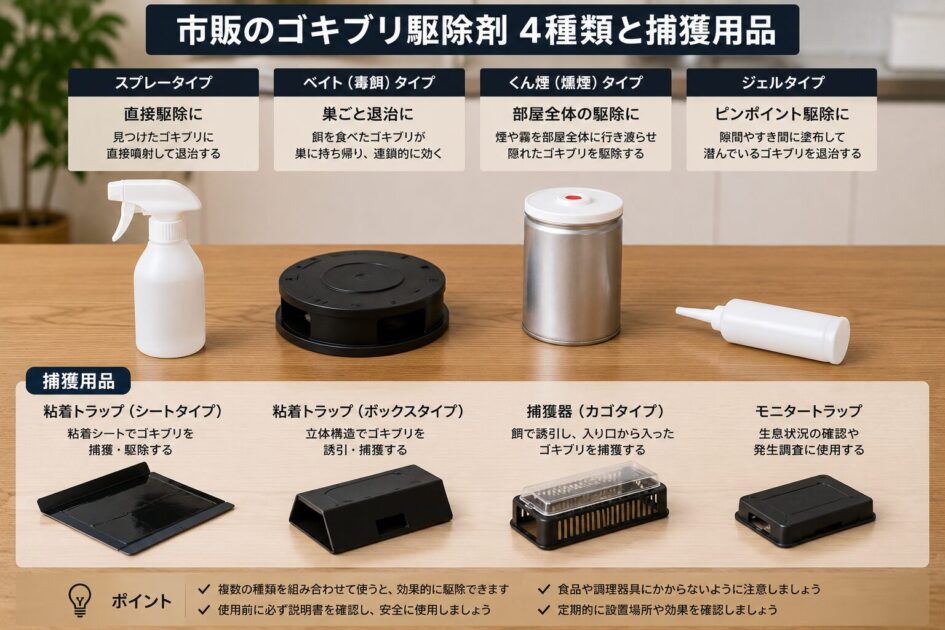 市販のゴキブリ駆除剤4種類と捕獲用品