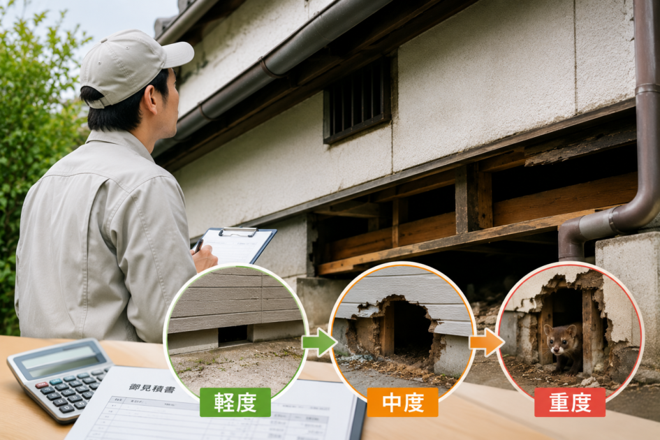 イタチ被害の程度によって駆除費用が変わる住宅状況を確認する作業員