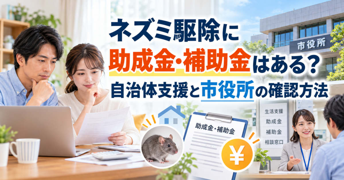 ネズミ駆除の助成金や補助金について、市役所での確認方法を調べる夫婦のイメージ