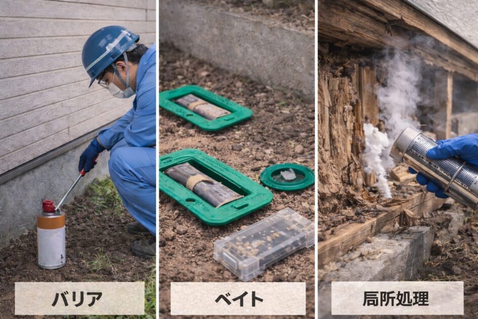 シロアリ駆除の薬剤・工法は大きく3つ（バリア／ベイト／局所処理）