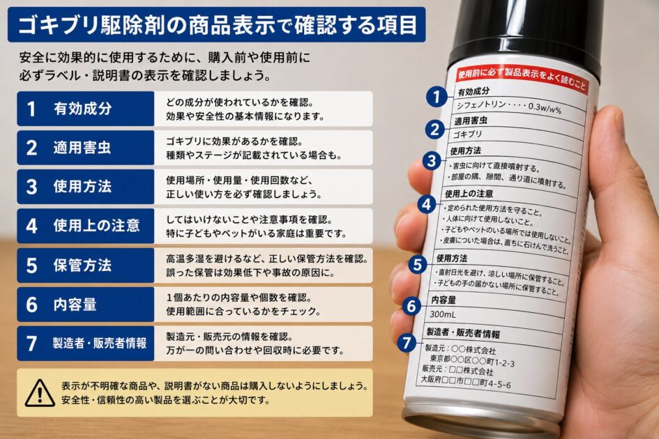 ゴキブリ駆除剤の商品表示で確認する項目