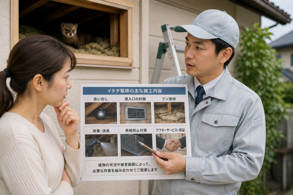 イタチ駆除で必要な施工内容や作業範囲を業者から説明され、総額だけでなく内容を確認する女性