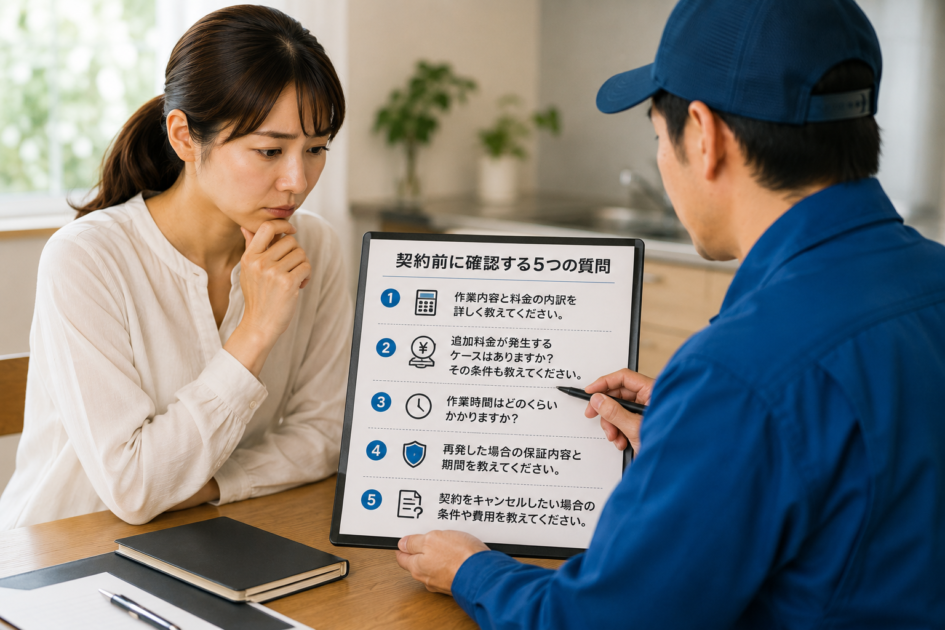 高額請求を避けるため、害虫駆除の契約前に作業内容・追加料金・作業時間・保証・キャンセル条件を確認する女性と担当者