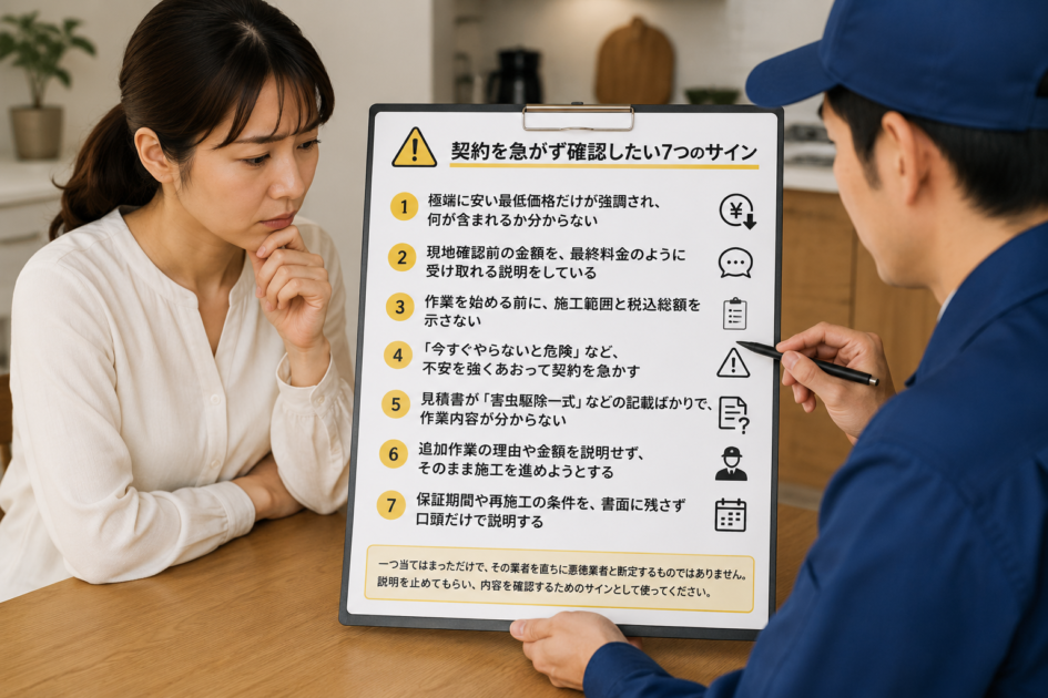 害虫駆除の契約を急がず、格安料金・見積もり内容・追加料金・保証条件など7つの注意サインを確認する女性と担当者