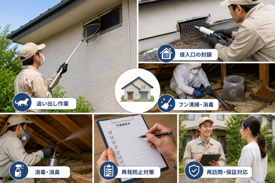 イタチ駆除の追い出し・侵入口封鎖・フン清掃・消毒消臭・再発防止・保証対応の作業イメージ