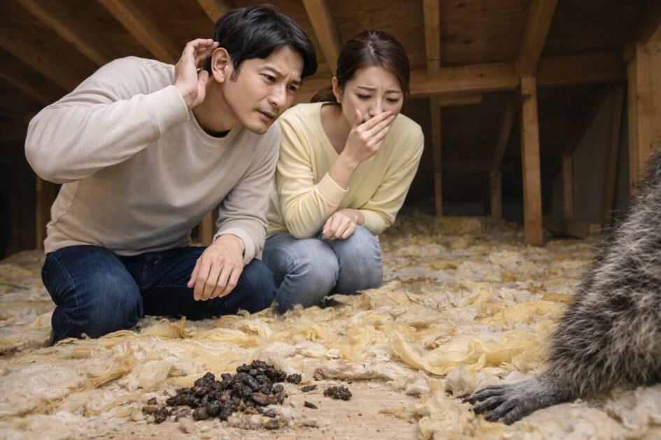 アライグマ被害を疑うサイン｜屋根裏の足音・糞尿・断熱材荒れ